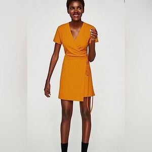 Zara Trafaluc Ribbed Wrap Mini Short Dress, Turmeric Mustard, Size M‎
